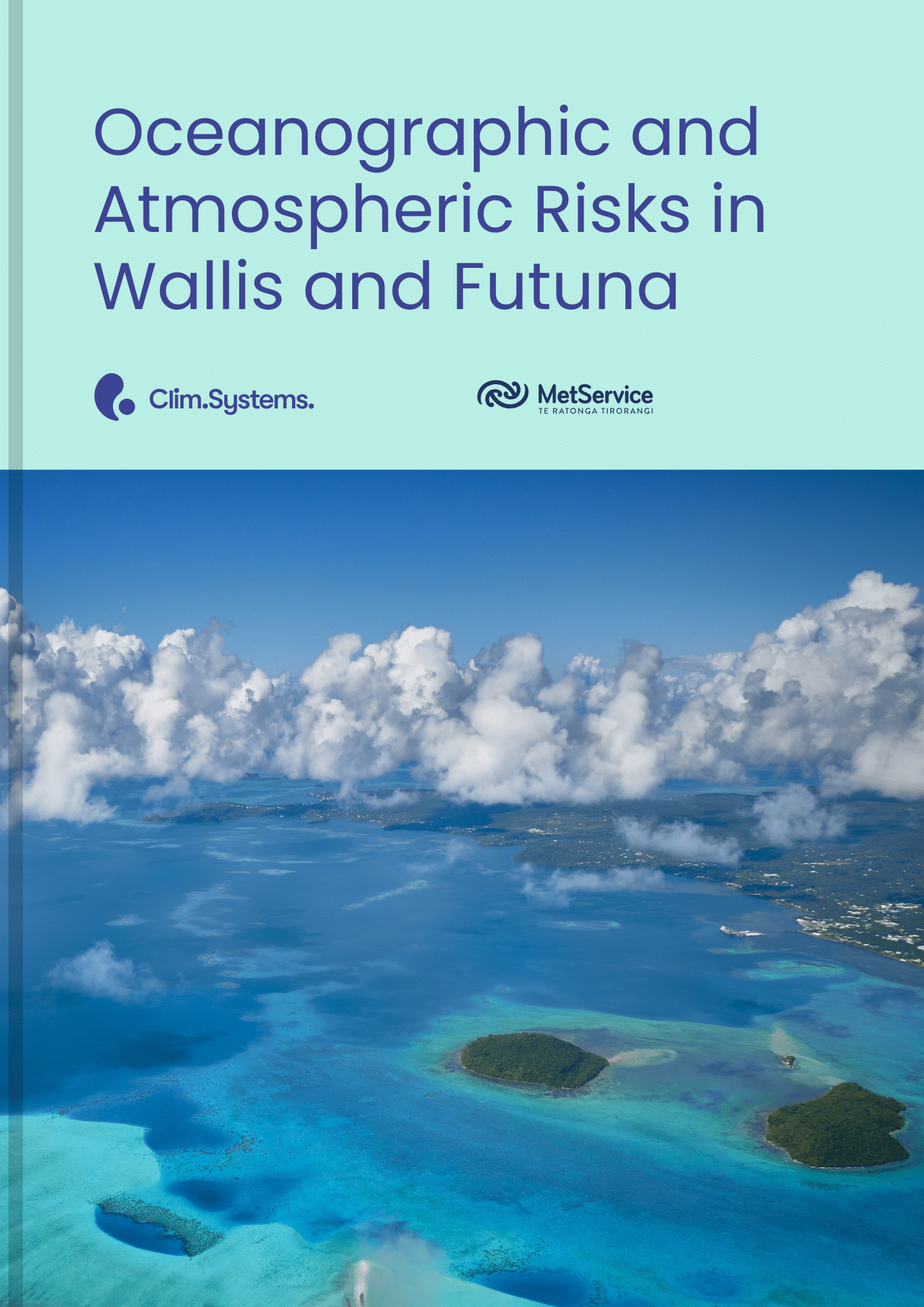 Cover page for Wallis and Futuna Newsletters 1-5 featuring an aerial photograph of Wallis and surrounding islets.